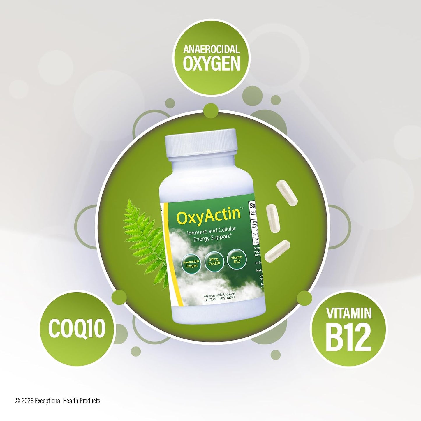 OxyActin Oxygen Supplement, 60 Vegetable Capsules | Immune Health & Cellular Energy, High Altitude & Endurance Support with 50mgs of CoQ10, Vitamin B12, & Aloe Vera Juice Powder