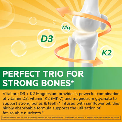 Vitalibre Vitamin D3 K2 10000 IU + Magnesium Glycinate, 60 Mini Softgels | High Absorption D3 K2 Vitamin 10000 IU for Bone, Teeth, Immune & Energy Support, Non-GMO, Easy to Swallow