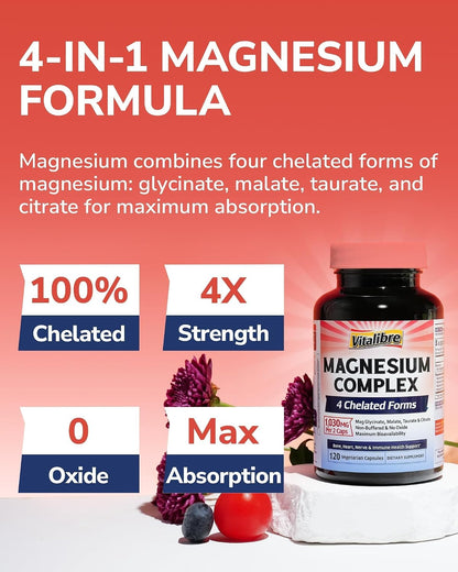 Vitalibre Magnesium Complex Supplement, 4 in 1 Maximized Absorption Chelated Magnesium Glycinate Malate, Taurate & Citrate, Non-Buffered, Bone, Heart, Nerve & Immune Support, 120 Vegan Capsules