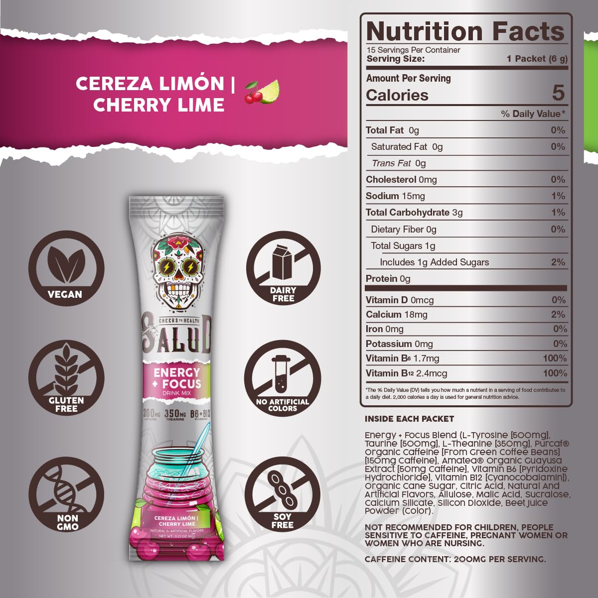 Salud 2-in-1 Energy + Focus Drink Mix, Hibiscus | Organic Caffeine, B6 + B12, Theanine, Clean Energy Packets, Agua Fresca Mix, Non-GMO, Gluten Free, 1g of Sugar (15 Servings)