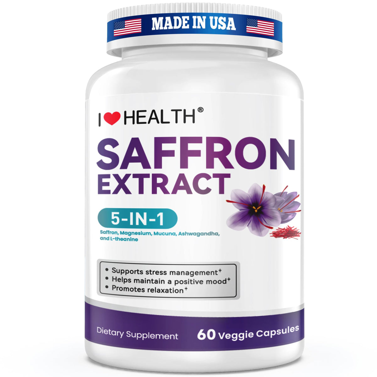 I LOVE HEALTH Saffron Supplement – 88.5mg with Magnesium Glycinate, Ashwagandha & L-Theanine for Stress Relief, Calm Mood & Emotional Balance – Made in USA – 60 Capsules