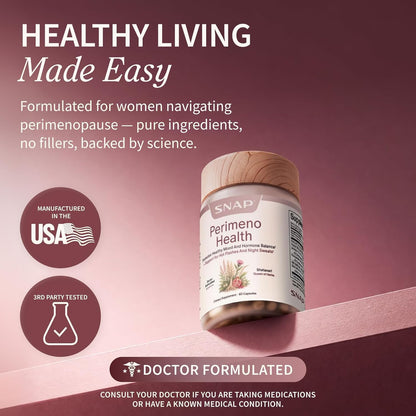 Snap Supplements Perimeno Health Perimenopause Supplements for Women, 60 Ct | Botanical Complex with Shatavari for Hormone Balance and Harmony, Mood and Vitality, Perimenopause Support for Women