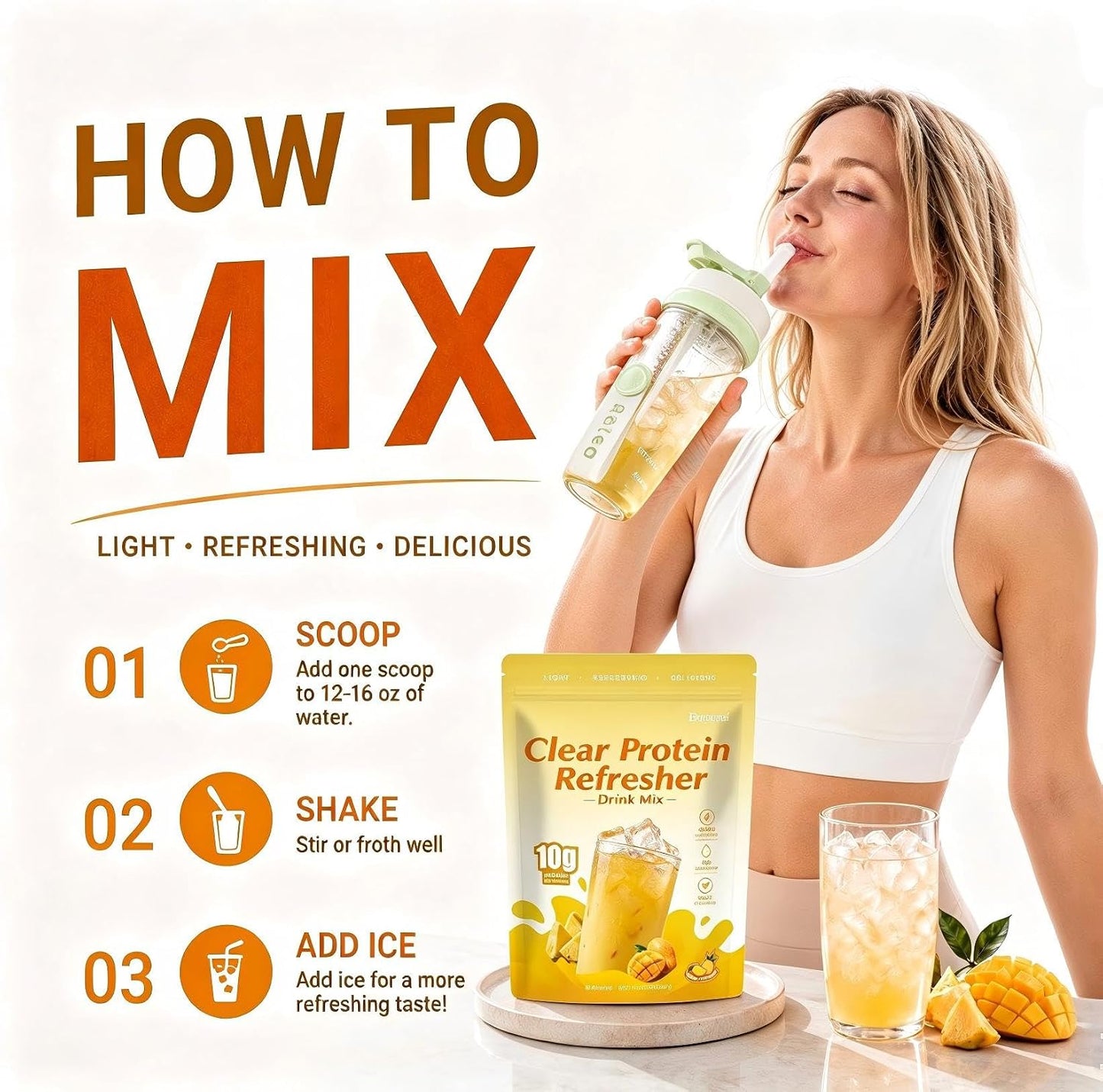 Clear Protein Refreshers Drink with Electrolytes Powder (Pineapple Mango) | Collagen Peptides, 0g of Sugar,40mg Caffeine