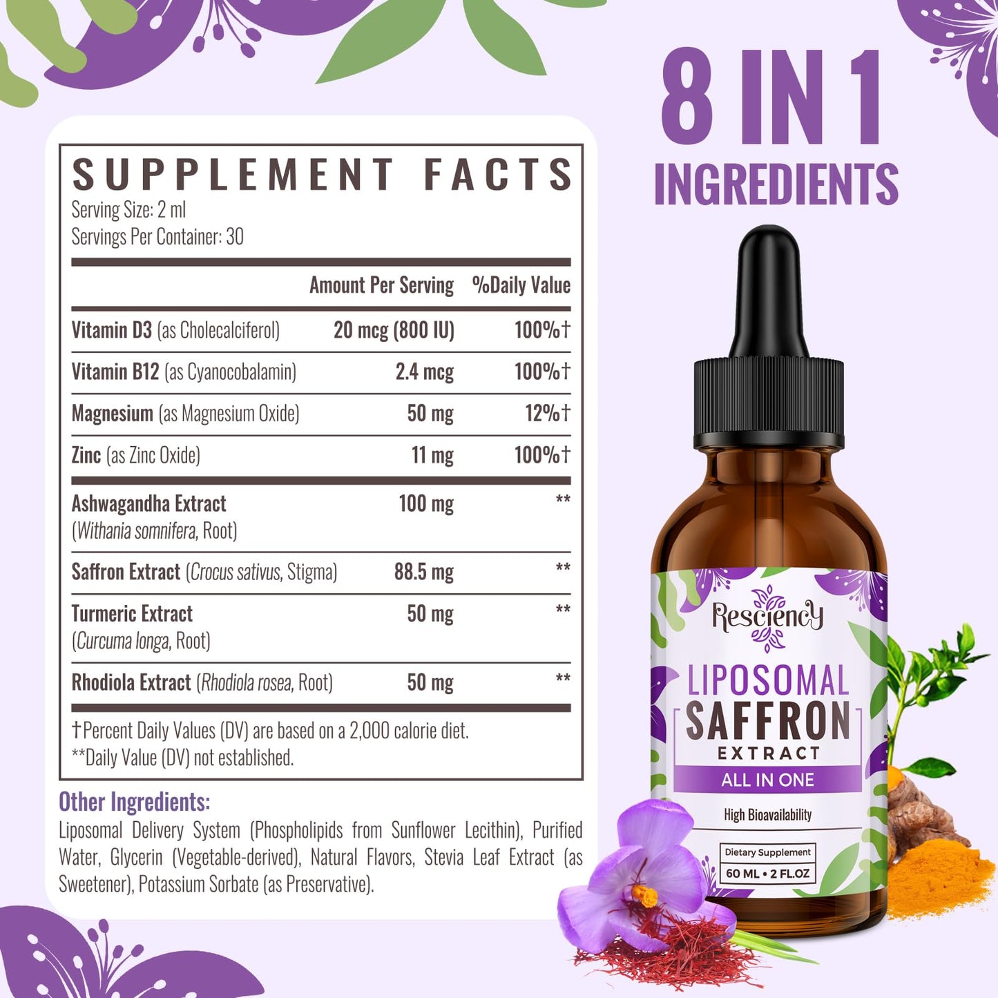 Saffron Supplements - 88.5 mg Saffron Extract Better Bioavailability Liposomal Drops for Mood, Energy, Vision & Focus with Ashwagandha, Turmeric, Magnesium, Zinc, Vitamin B12 & D3, 60 ml, 30 Servings | Liposomal Formula, With Ashwagandha, Magnesium, Zinc,
