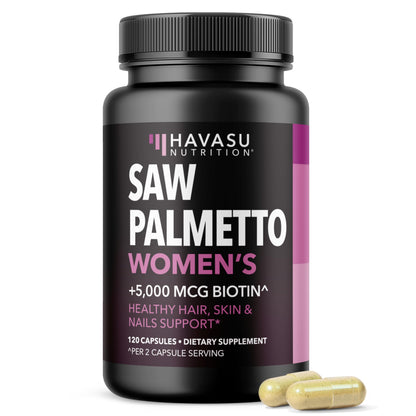 Saw Palmetto for Women with Bitoin 5000mcg Per Serving, 30-Day Supply | Vegan, Non-GMO DHT Blocker for Women for Hair, Skin and Nails, Saw Palmetto Extract with Biotin for Thicker Looking Hair