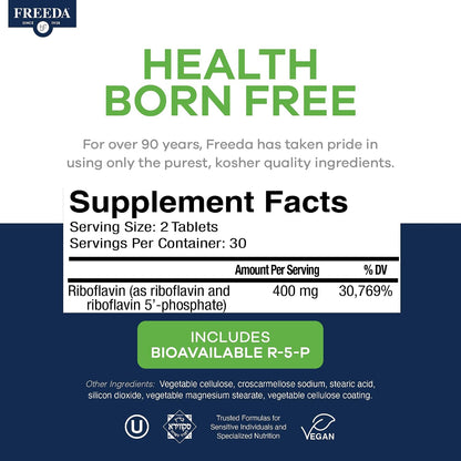 FREEDA Vitamin B2 400mg Riboflavin Supplement - 60 Vegan Tablets | High-Potency B2 Vitamin with Riboflavin-5-Phosphate to Support Energy, Metabolism, & Nervous System Health