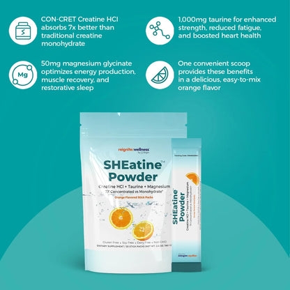 Reignite Wellness by JJ Virgin | SHEatine Powder Stick Packs | Creatine Trifecta for Powerful Aging | Creatine HCL, Taurine & Magnesium Glycinate | Orange Flavor 30 Count