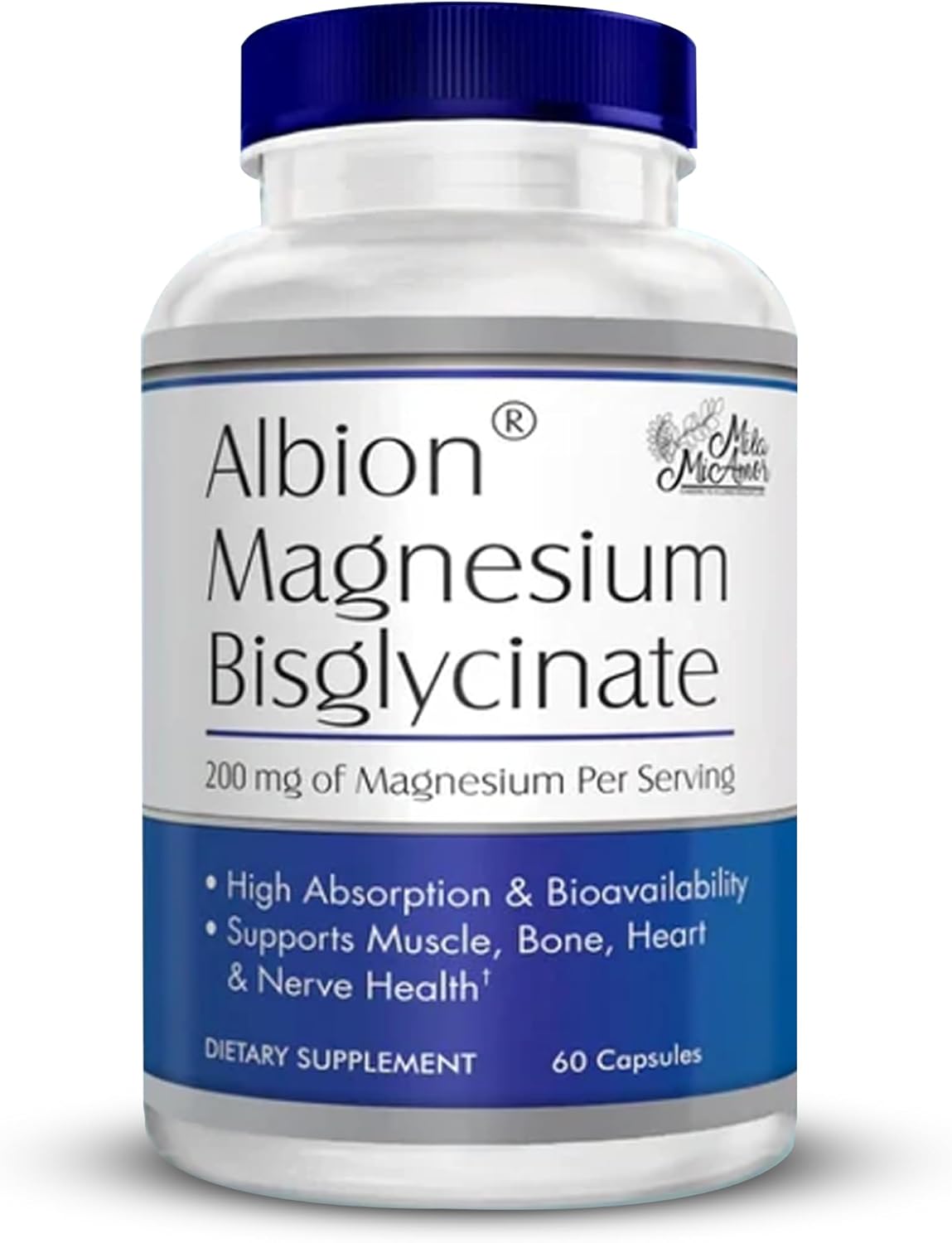 MilaMiAmor Albion® Magnesium Bisglycinate – Highly Absorbable Chelated Magnesium for Muscle, Nerve, Relaxation & Sleep Support – Gentle on Stomach, Vegan – 200mg per Serving, 60 Capsules