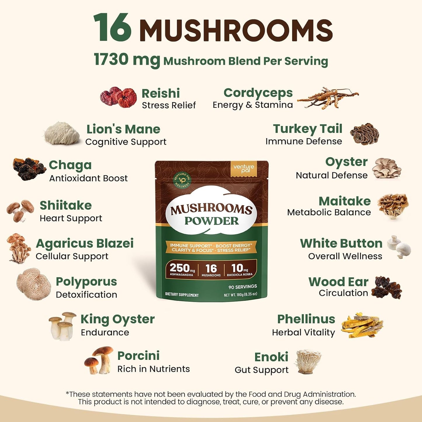 Venture Pal 16 in 1 Mushroom Powder 1730mg Adaptogenic Mushrooms Supplement | 100% Fruiting Body Coffee Alternative with Lion's Mane, Chaga, Reishi, Support Immune, Focus & Energy, 90 Servings