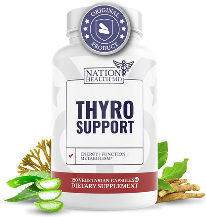 Thyro Support | Thyroid Support for Women & Men | Selenium, Zinc, Ashwagandha, Bladderwrack & L-Tyrosine, For Energy and Thyroid Balance. 30 Days Supply. 120 Capsules