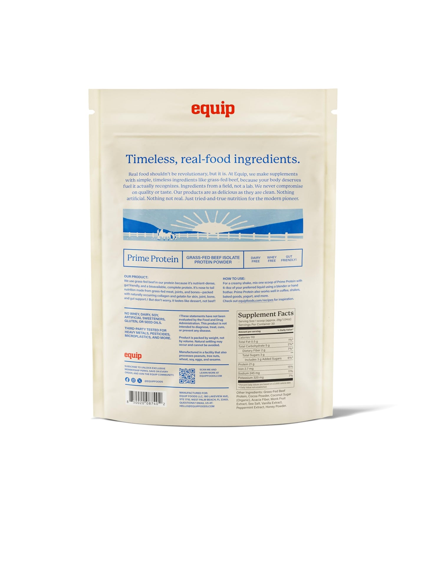 Equip Prime Chocolate Protein Powder - Gut-Friendly, No Sugar Protein Shake Powder with Grass-Fed Beef & Natural Collagen - Rich & Creamy Mix - 21g Per Serving - Whey & Dairy-Free (30 Scoops)