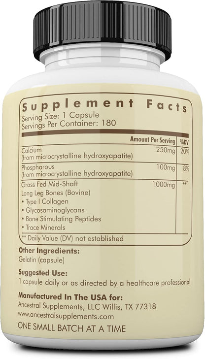 Ancestral Supplements Grass Fed Beef Living Bone Supplement, 180 Ct | Grassfed bone meal capsule supporting calcium and phosphorus absorption, bone, oral and joint health & flexibility.