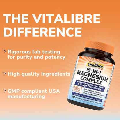 Vitalibre 15 in 1 Magnesium Complex for Women & Men 510mg, 240 Capsules | Maximum Absorption Glycinate, Malate, Taurate, Citrate and More for Bones, Heart, Recovery, Energy | Non-GMO