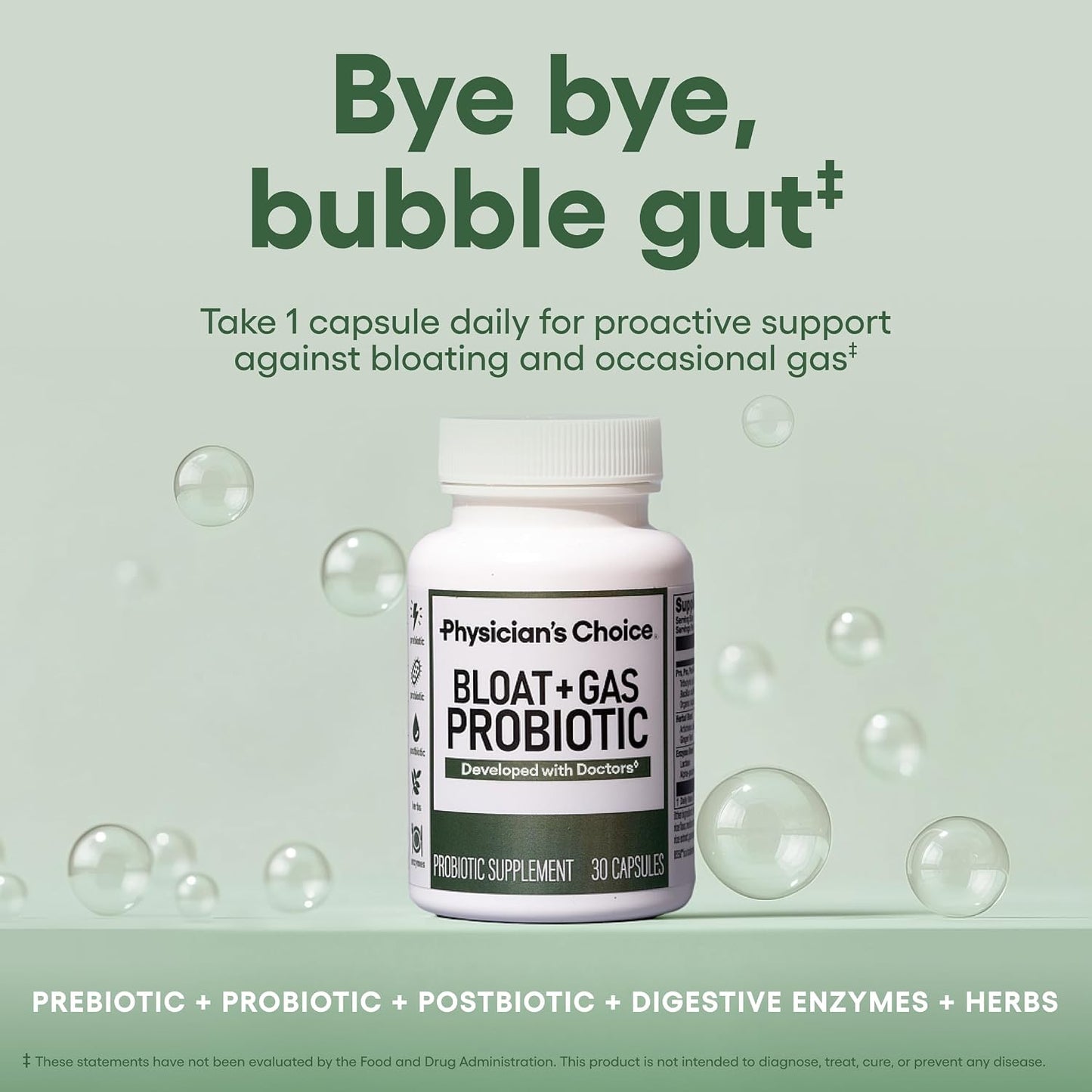 Physician's CHOICE Bloat & Gas Probiotic 5-in-1 Proactive Support + Daily Relief - Digestion & Gut Health- Herbals, Digestive Enzymes, Post & Prebiotics - Gas Relief for Adults - Women & Men - 30ct