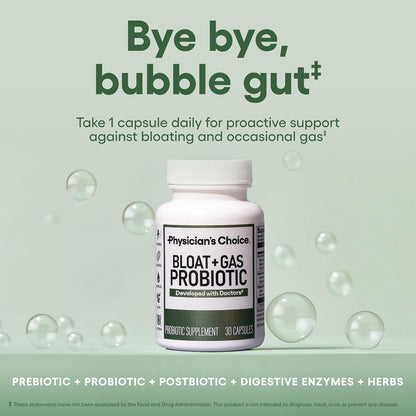 Physician's CHOICE Bloat & Gas Probiotic 5-in-1 Proactive Support + Daily Relief - Digestion & Gut Health- Herbals, Digestive Enzymes, Post & Prebiotics - Gas Relief for Adults - Women & Men - 30ct