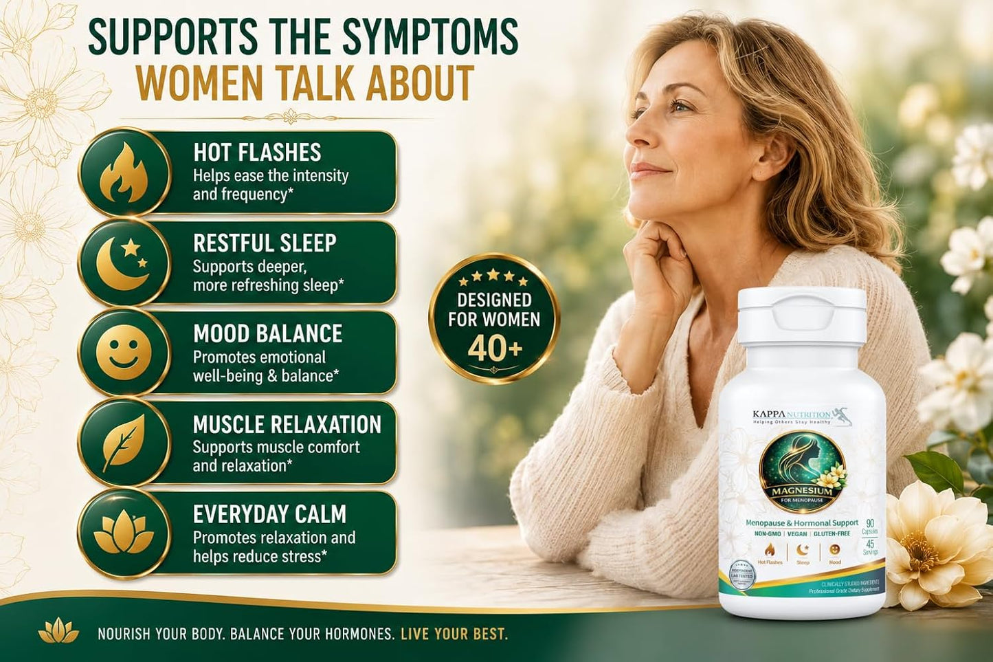 Kappa Nutrition® Magnesium for Menopause | Menopause & Hormonal Support for Women 40+ | Albion® Magnesium Biocomplex | Supports Calm, Sleep & Muscle Relaxation | Vegan | 90 Capsules (45 Servings)