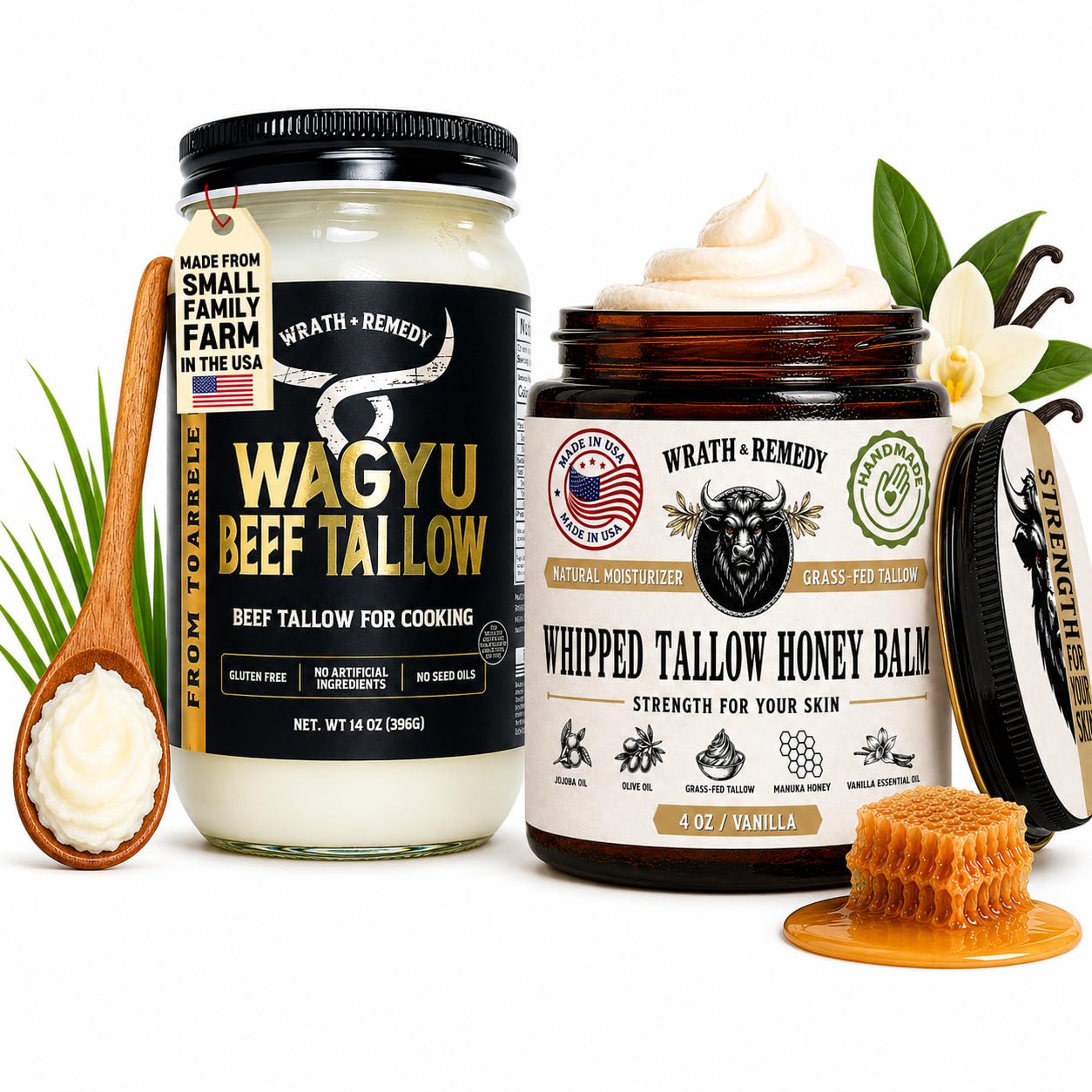 Wrath & Remedy Organic Beef Tallow for Skin - 4 OZ (Vanilla) & Wagyu Beef Tallow for Cooking (14 oz)