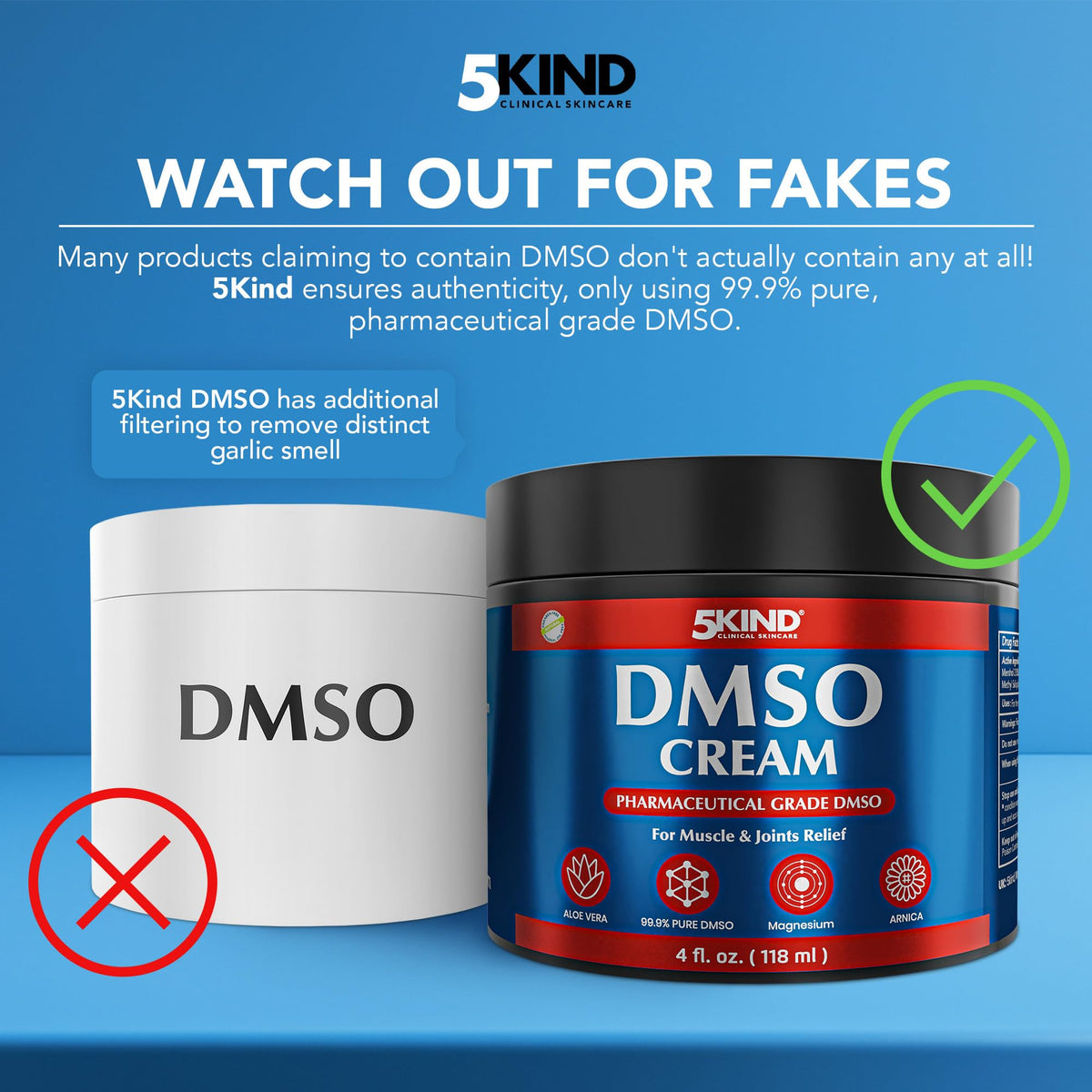 5Kind DMSO Cream for Pain Relief 4 fl oz - 99.9% Pure DMSO Pharmaceutical Grade Cream - Aloe Vera, Magnesium, Arnica & Menthol - Topical Muscle and Joint Pain Relief - Registered NDC - Made in USA 5kind clinical skincareBuy Supplements Australia