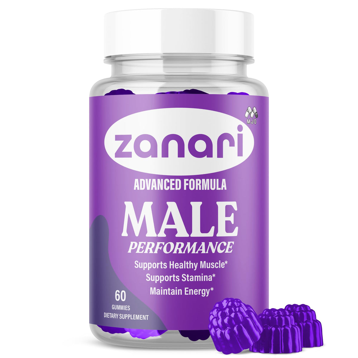 Bottle of Zanari Male Performance supplement with purple packaging on a white background