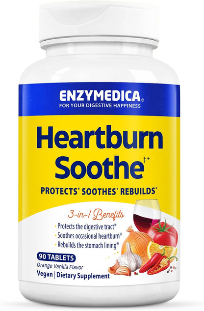 Enzymedica Heartburn Soothe Chewable Supplement - Natural Reflux & Stomach Lining Support, Balances pH Levels with Alginate, Fast-Acting Acid Support for Digestive Health, Vanilla Orange - 90 Tablets