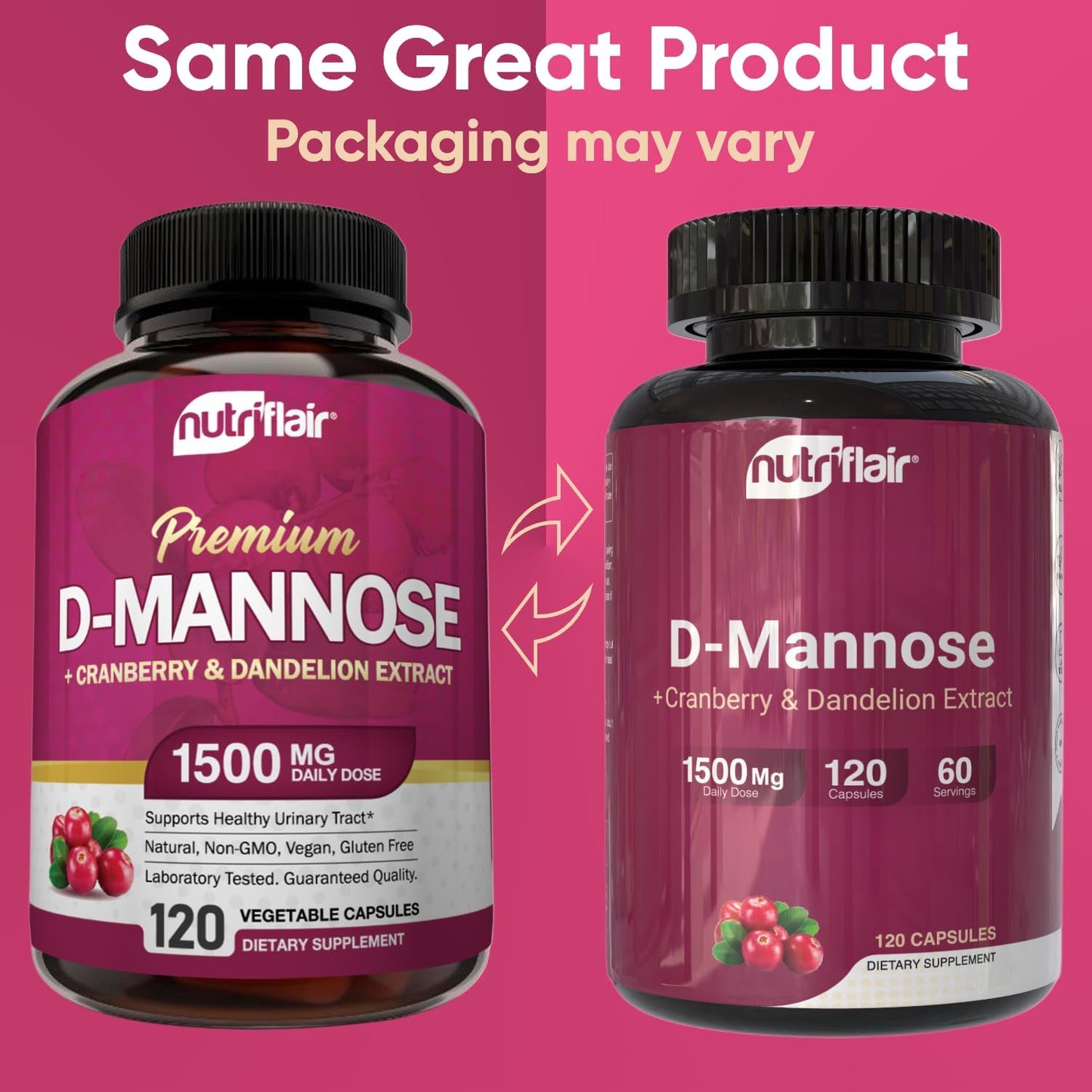 NutriFlair D-Mannose 120 Capsules, 1500mg - with Cranberry and Dandelion Extract - Natural Urinary Tract Health UTI Support - Best D Mannose Powder - Flush Impurities, Detox Body, for Women and Men