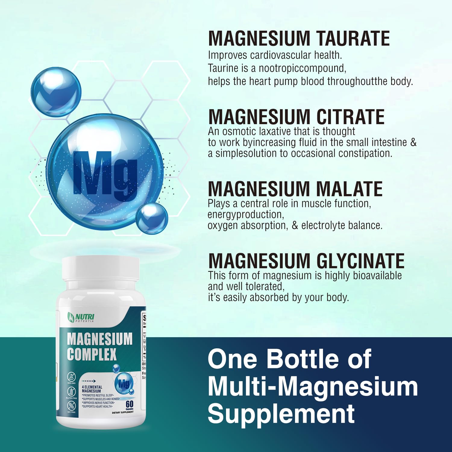 Magnesium Complex for Women&Men,With Glycinate Malate Citrate Taurate.Support for Sleep,Stress Relief,Cognitive Function,Magnesium Supplement 500mg,Third-Party Tested(Made & Tested in USA)-60 Capsules NUTRI POTENTIA buy supplements Au