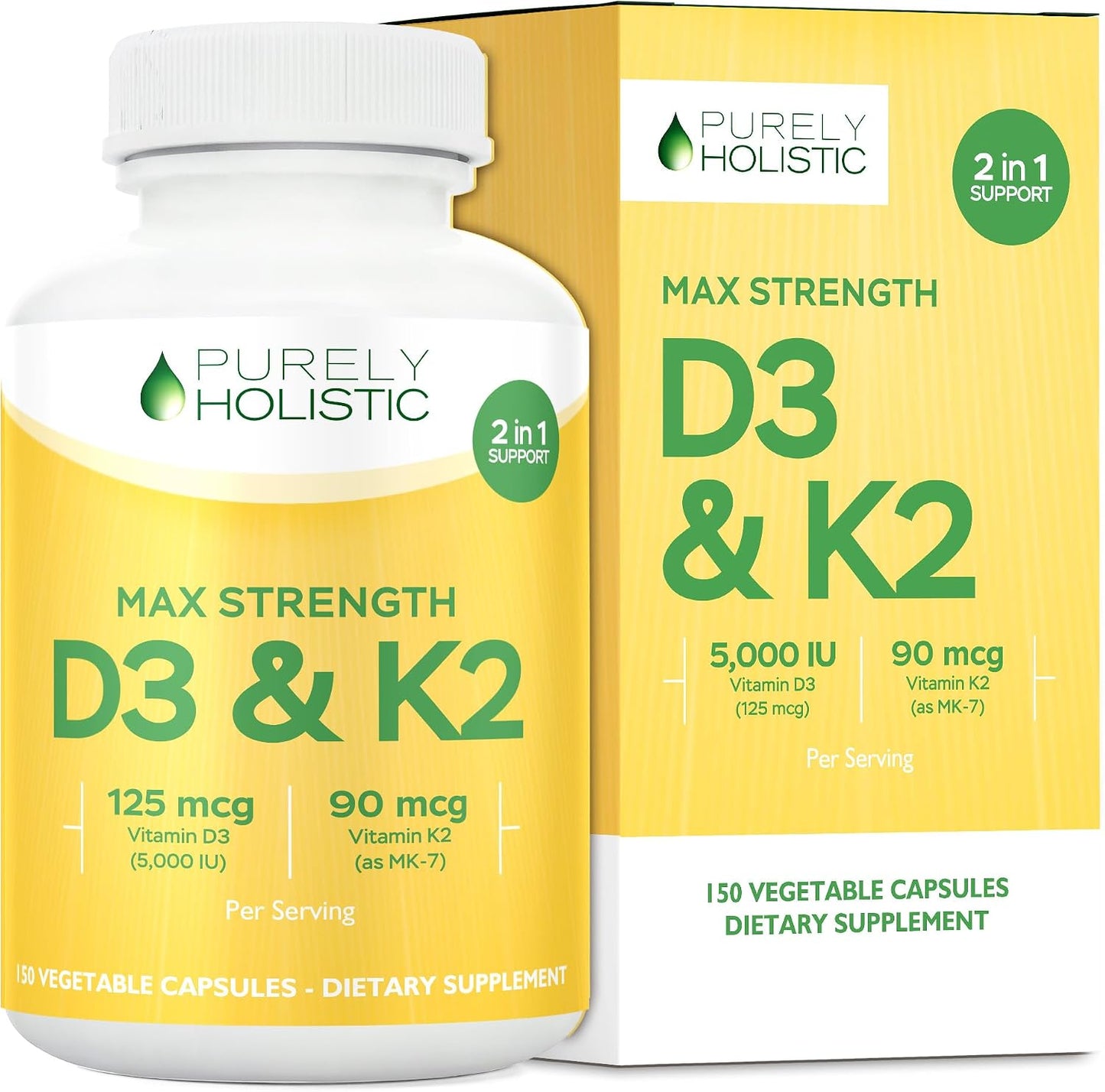 Vitamin D3 K2, 150 Servings, 5000iu D3 + 90mcg K2, Bone & Immune Support | Energy & Heart Health Support, High Absorption & Non-GMO, Once-Daily Vitamin Supplement, 150 D3K2 Capsules (5 Month Supply)