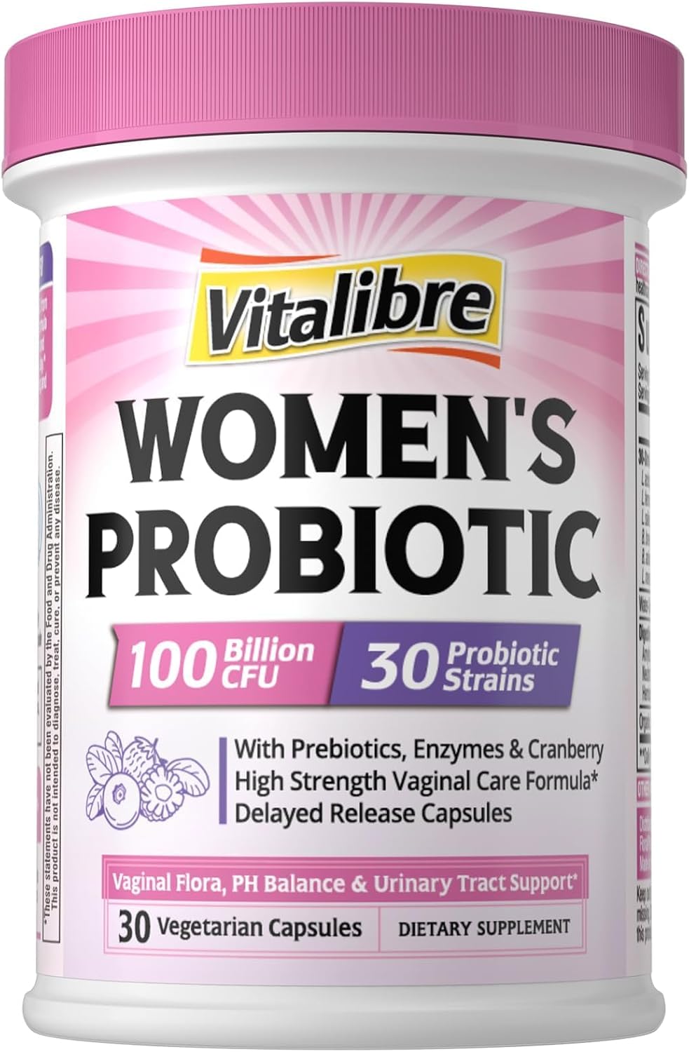Vitalibre Probiotics for Women 30 Strains, 100B CFUs Vaginal Probiotics | with Digestive Enzymes, Prebiotics & Cranberry for Urinary Tract Health, pH Balance, 30 Veggie Capsules