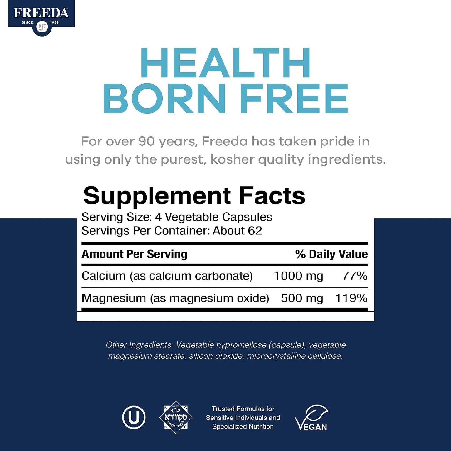 Freeda Calcium Magnesium 2:1 Supplement - 250 Capsules | Vegan Calcium & Magnesium Formula - Third-Party Tested - Support Bone Strength, Muscle Relaxation, and Healthy Nerve Function