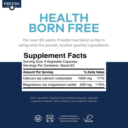 Freeda Calcium Magnesium 2:1 Supplement - 250 Capsules | Vegan Calcium & Magnesium Formula - Third-Party Tested - Support Bone Strength, Muscle Relaxation, and Healthy Nerve Function