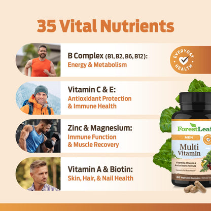 ForestLeaf Daily Vitamin Multivitamin for Men, Multi-Vitamin for Men - Mens Multivitamins & Multiminerals Supplement | All Essential Vitamins Needed for Health, Longevity & Energy | 60 Veg Caps ForestLeaf buy supplements Au