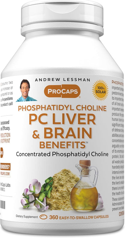 Andrew Lessman ProCaps PC Liver & Brain Benefits 360 Softgels | Phosphatidyl Choline with Ahiflower Oil supports acetylcholine production, memory, focus & healthy liver function.