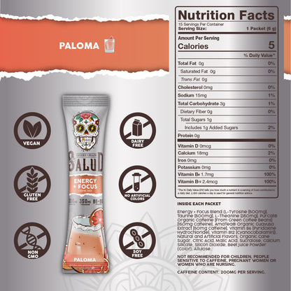 Salud 2-in-1 Energy + Focus Drink Mix, Hibiscus | Organic Caffeine, B6 + B12, Theanine, Clean Energy Packets, Agua Fresca Mix, Non-GMO, Gluten Free, 1g of Sugar (15 Servings)