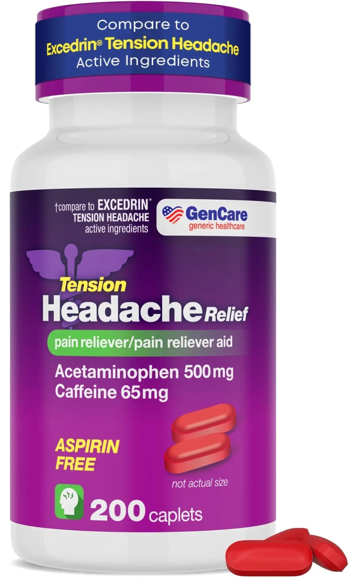 GenCare - Tension Headache Relief Pain Reliever with Acetaminophen 500 mg & Caffeine 65 mg (200 Caplets) Best Value Bulk Extra Strength for Head, Migraine, Joint Pain & Body Ache Relief Medicine GenCareBuy Supplements Australia
