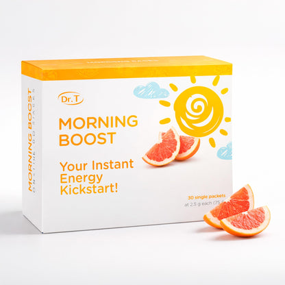 Box of Dr. T Morning Boost with grapefruit slices on a white background