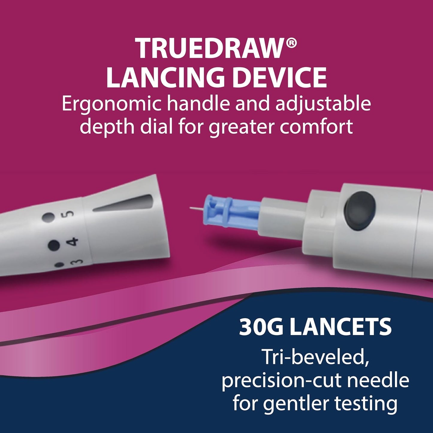 TRUEplus Lancets Bundle (30G), 200 Lancets, Lancing Device, Log Book | Blood Glucose Testing Supplies for Home Use, Includes 200 Sterile 30G Lancets (2 x 100ct), Lancing Device, Log Book