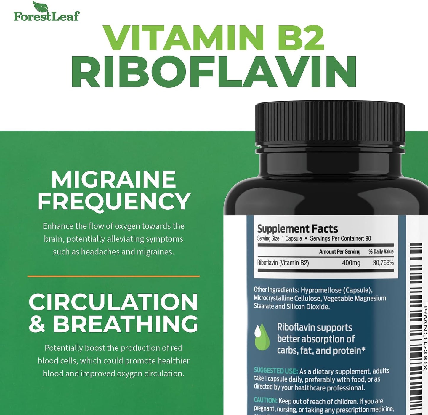 ForestLeaf Riboflavin & Magnesium Migraine Supplement - Riboflavin 400mg for Headache Relief - Ultimate Magnesium Bundle with B2 Vitamin 400mg for Headache Migraine Relief Capsules