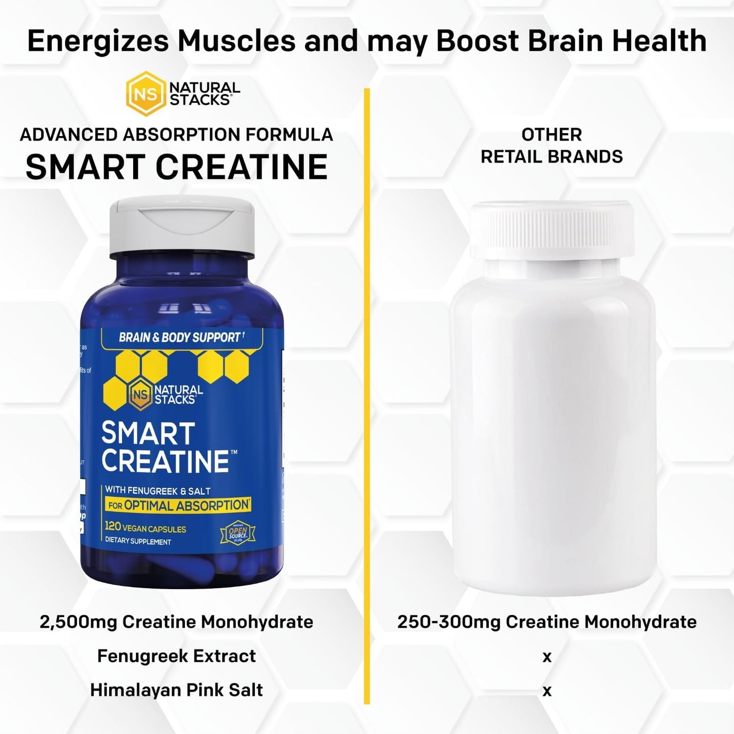 Creatine Monohydrate 2500mg Capsules, Advanced Absorption, 120 Count | With 450mg fenugreek extract and 250mg Himalayan pink salt. Supports muscle building, endurance, and brain health.