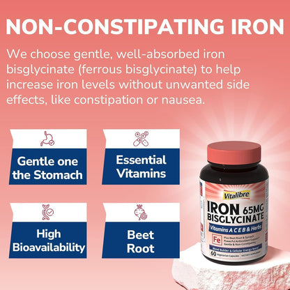 Vitalibre Iron Supplement for Women and Men, Iron Bisglycinate, 65mg Elemental Iron, Non-Constipating, with Vitamins C B6 B12 Folate & Beet Root, 60 Caps