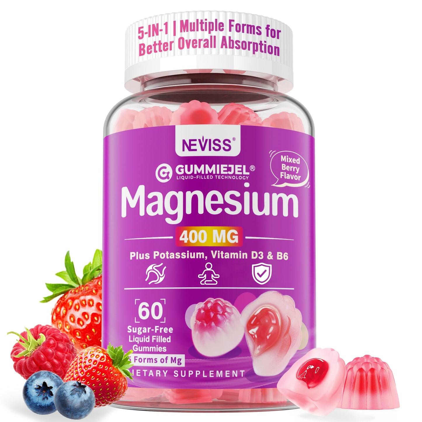 Magnesium Glycinate Gummies for Adults – 400mg Magnesium Complex w/5 Forms of Magnesium (Citrate Malate Taurate Chloride), Ashwagandha, D3 & Zinc – Sugar Free Calm Mood & Muscle Support, Vegan, 60Cts