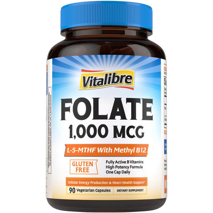 Vitalibre Methyl Folate 1000 mcg, L-5-MTHF with Methylcobalamin B12, Heart & Blood Health, Healthy Nervous System, Energy Support, Vegan, Bioactive Form, Best Absorption, 60 Capsules