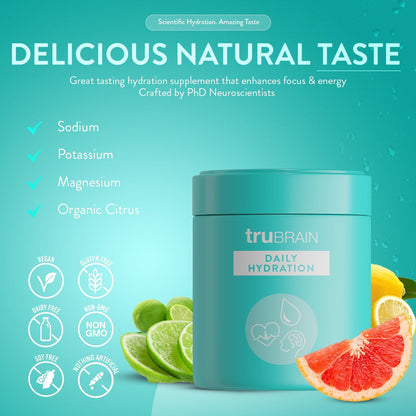 TruBrain Daily Hydration - Enhance Focus and Energy with Electrolyte-Rich Supplement. Stay Hydrated & Alert!