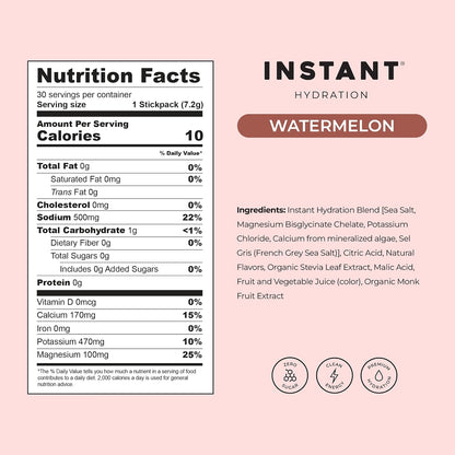 Instant Hydration Electrolytes Powder Packets - Watermelon Electrolyte Drink Mix - Zero Sugar - Keto, Vegan, Gluten-Free, Non-GMO - Boost Recovery, Brain Health, Muscle & Tissue Support- 30 Sticks