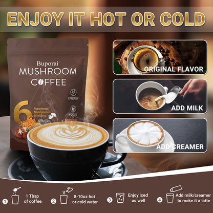 Mushroom Coffee, Instant Mushroom Coffee with 6 Mushrooms | Lion’s Mane, Cordyceps, Turkey Tail & Other for Energy, Focus, Digestion, Immunity, 30 Servings