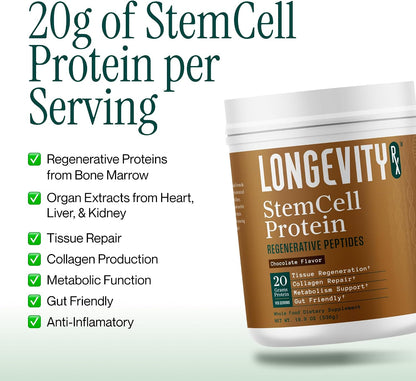 Stem Cell Protein Powder Chocolate – Bone Marrow & Bone Broth Protein, Bacillus Subtilis AB-22, Natural Peptides – Cellular Recovery – 30 Servings