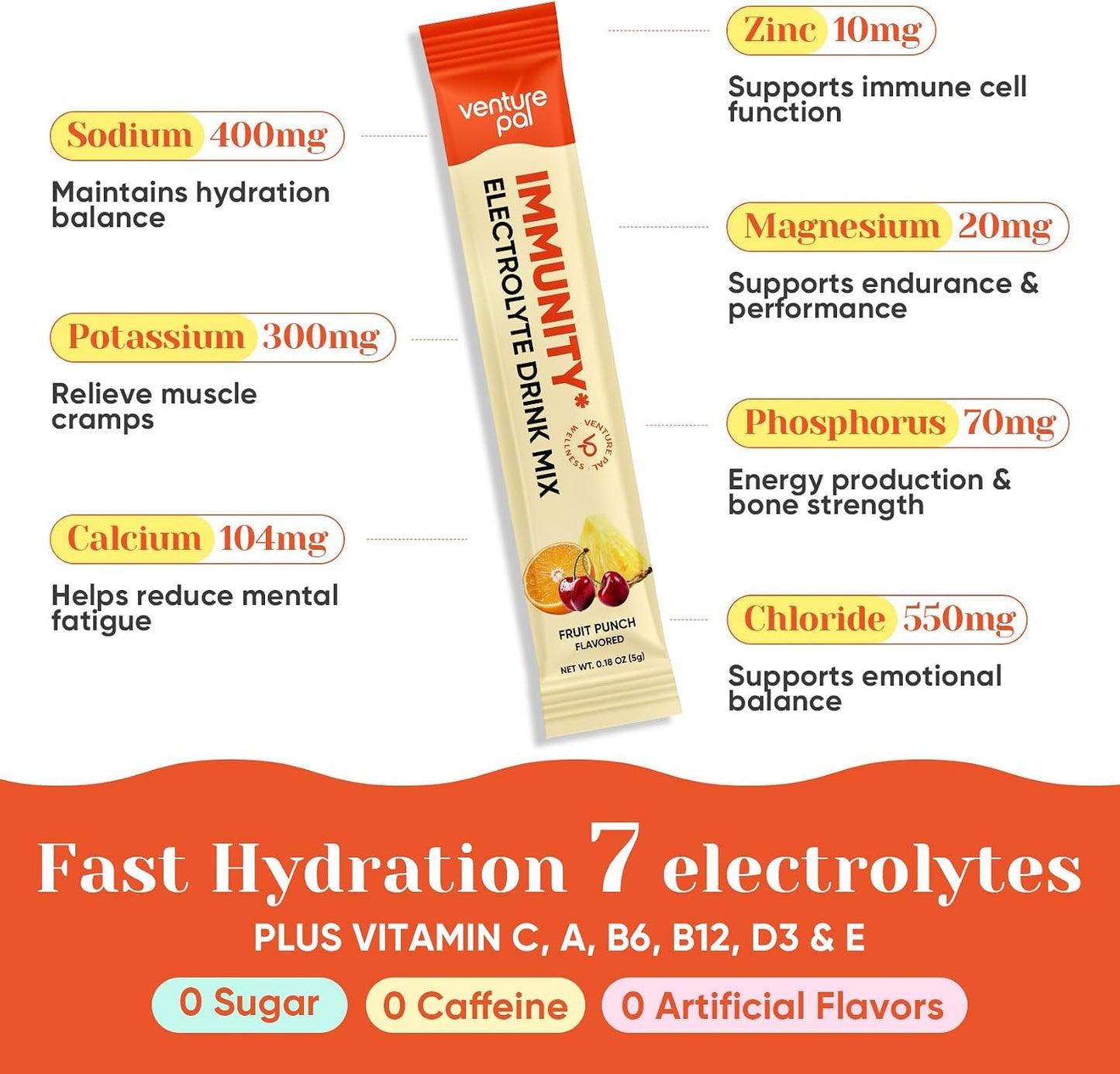 Venture Pal 2-in-1 Hydration Electrolytes Bundle – Focus & Immune Support Powder Packets, 7 Electrolytes, Vitamins, Magnesium, Lion’s Mane, L-Theanine, Elderberry, Sugar Free Drink Mix, 32 Sticks