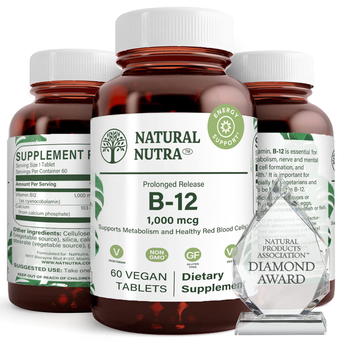 Natural Nutra Vitamin B12 1000 mcg, 100 Vegan Tablets | Promote Heart & Nerve Health, Cobalamin B12 Supplement, Help in Metabolism Health, Optimal Absorption, Gluten-Free,Sugar-Free