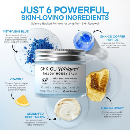 HealthyDerm Copper Peptides GHK-Cu Beef Tallow for Skin: Blue Balm with Methylene Blue, Manuka Honey & Vitamin E – Natural Face and Body Moisturizer for Mature, Dry & Sensitive Skin – 2oz