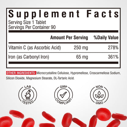 Iron Supplement, 65mg Carbonyl Iron with 250mg Vitamin C, Stomach Friendly | Iron Pills for Blood Building Women & Men, High Absorption, No Nausea, No Constipation, Non-GMO, No Gluten, 60 Vegan Tabs