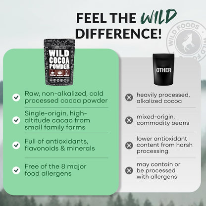 Wild Foods Organic Cocoa Powder Unsweetened for Baking & Cooking, Raw Cacao Powder, Organic Single-Origin Non-Dutched Dark Cocoa, 100% Pure, Non-GMO, Vegan Keto Superfood, Purity Tested, 12 oz